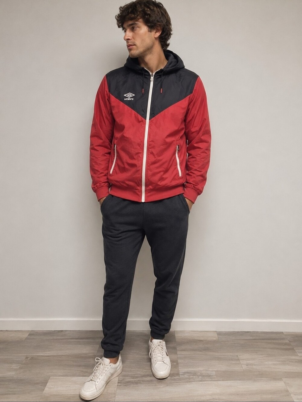 Umbro Hooded Windbreaker Jacket Mens Medium Red Black Full Zip Soccercore